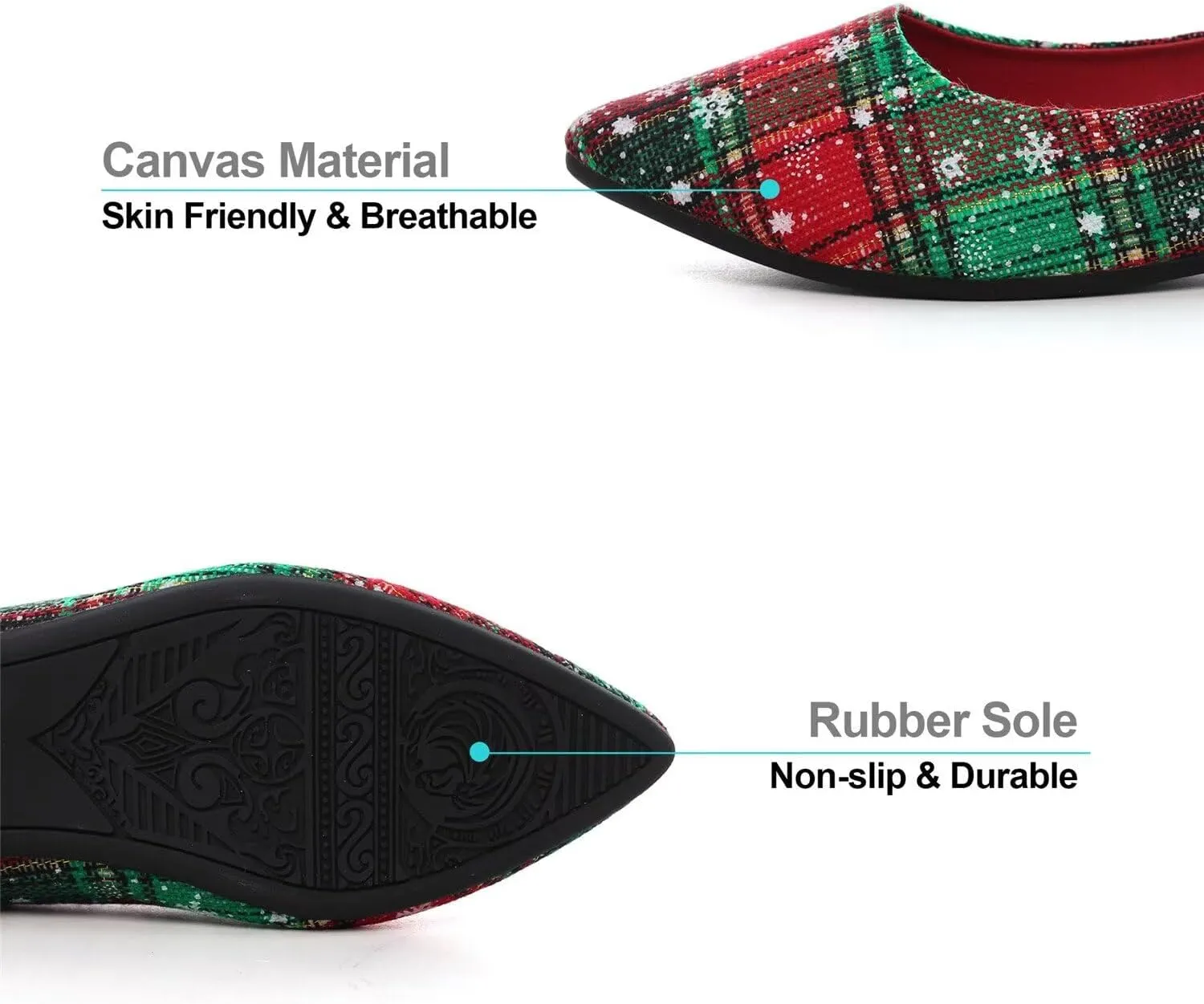 Hee grand Christmas Shoes for Women Pointed Toe Plaid Snowflake Flat Shoes Comfortable Slip on Flats Red/Green Shoes for Christmas