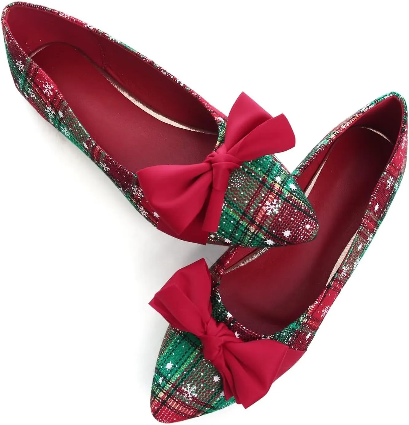 Hee grand Christmas Shoes for Women Pointed Toe Plaid Snowflake Flat Shoes Comfortable Slip on Flats Red/Green Shoes for Christmas