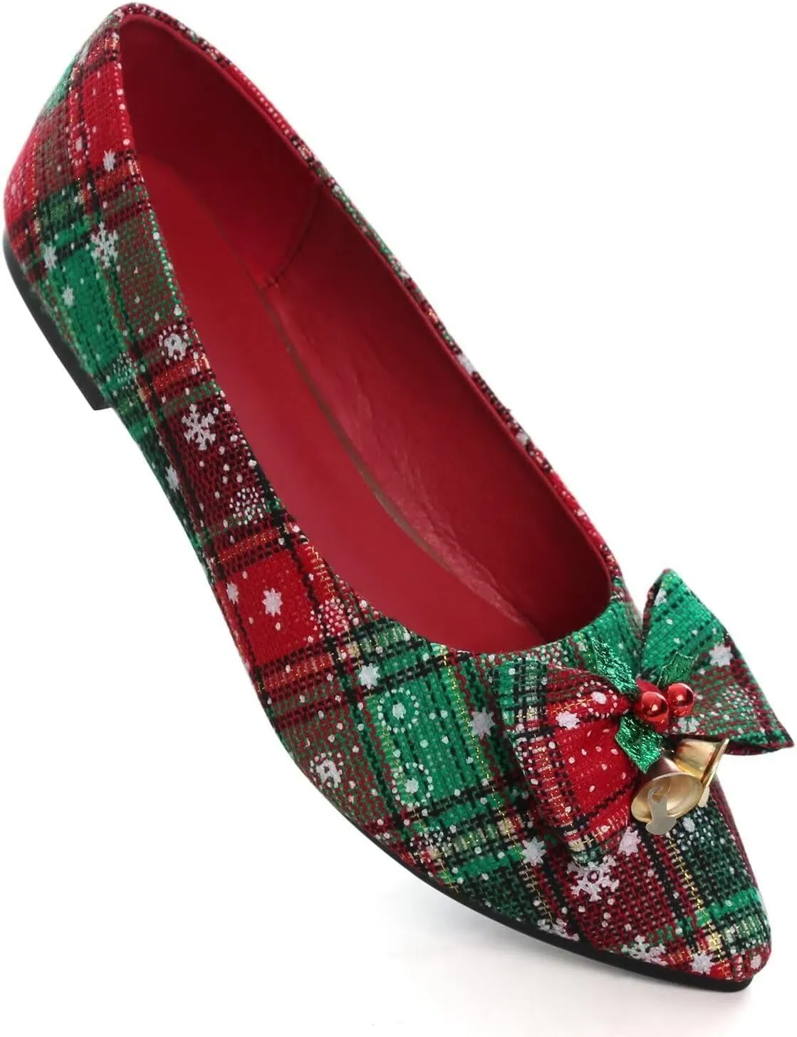 Hee grand Christmas Shoes for Women Pointed Toe Plaid Snowflake Flat Shoes Comfortable Slip on Flats Red/Green Shoes for Christmas