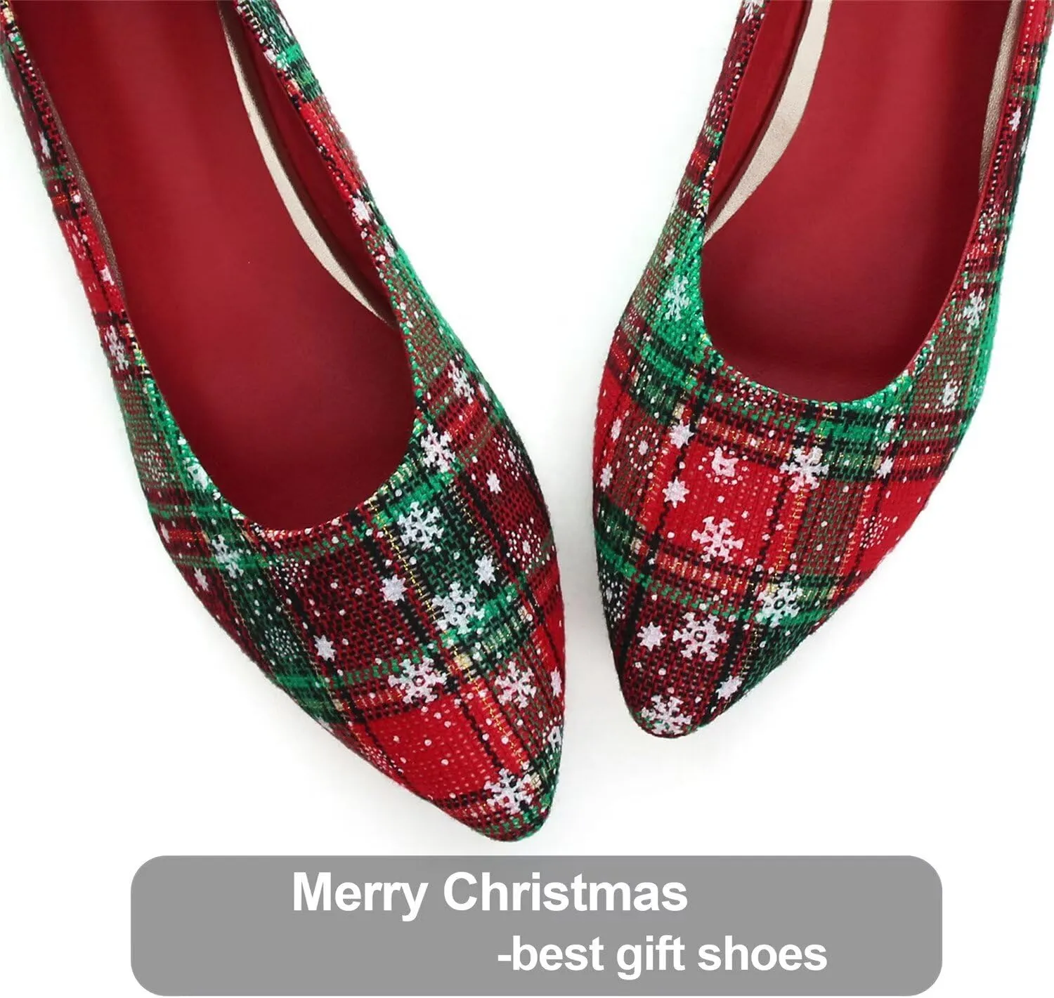 Hee grand Christmas Shoes for Women Pointed Toe Plaid Snowflake Flat Shoes Comfortable Slip on Flats Red/Green Shoes for Christmas
