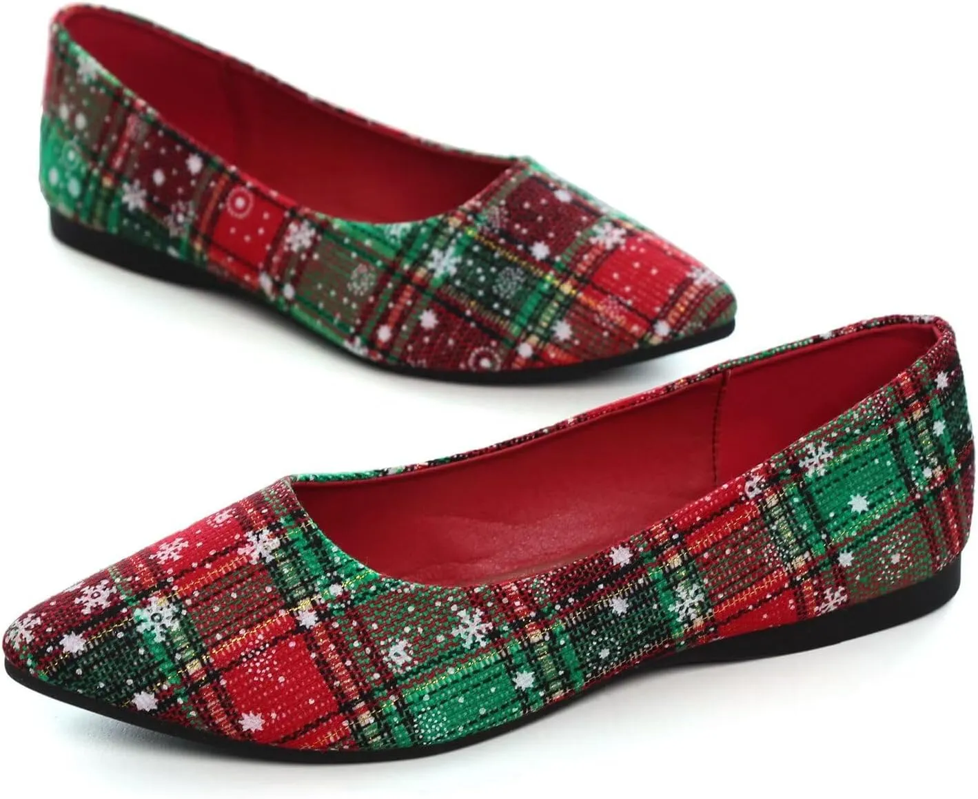 Hee grand Christmas Shoes for Women Pointed Toe Plaid Snowflake Flat Shoes Comfortable Slip on Flats Red/Green Shoes for Christmas