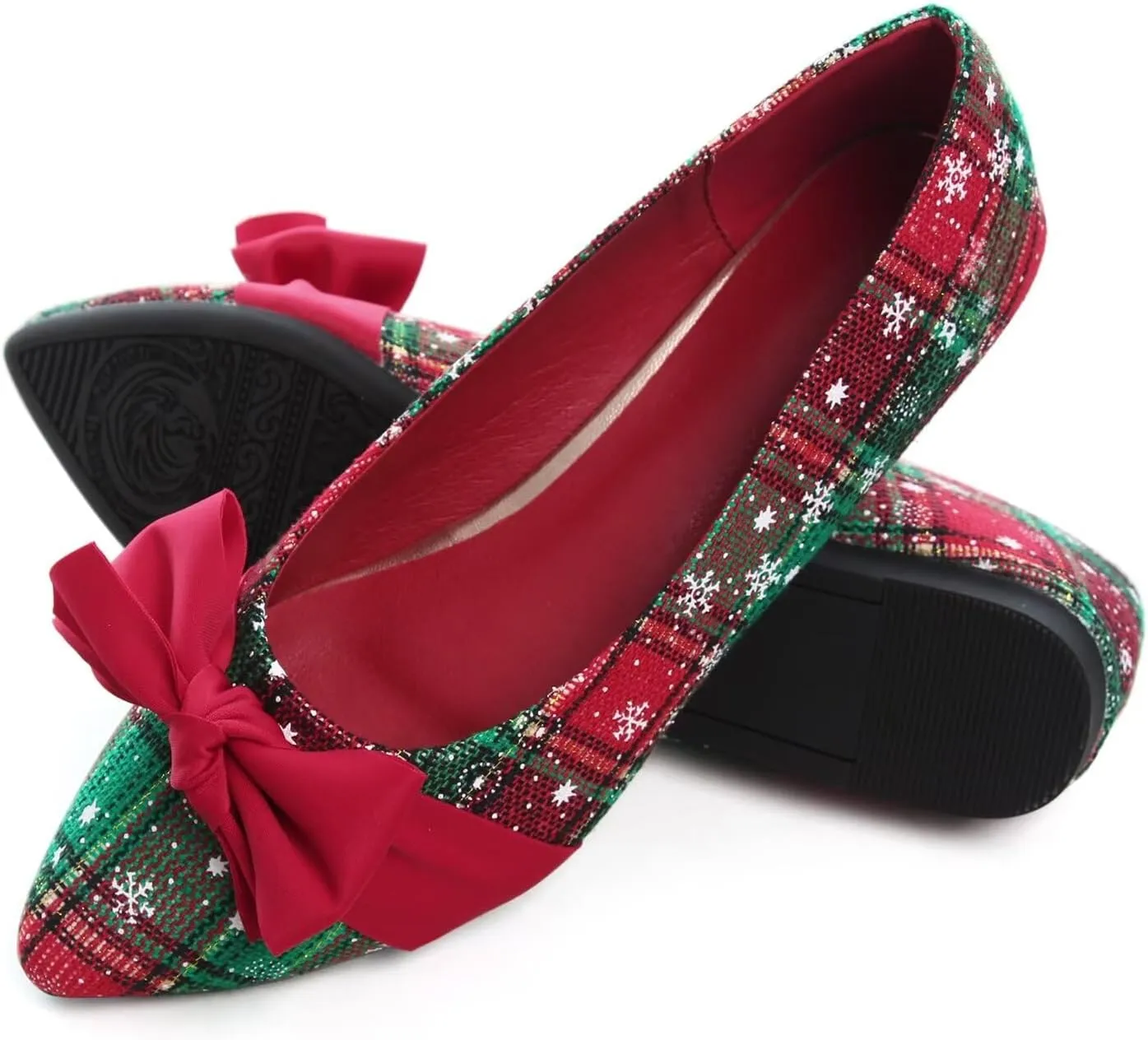 Hee grand Christmas Shoes for Women Pointed Toe Plaid Snowflake Flat Shoes Comfortable Slip on Flats Red/Green Shoes for Christmas