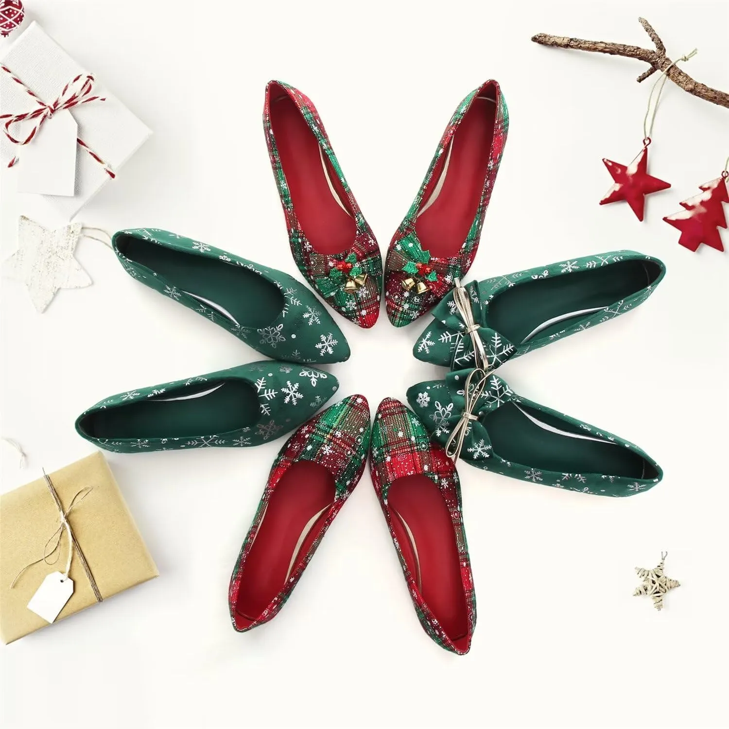 Hee grand Christmas Shoes for Women Pointed Toe Plaid Snowflake Flat Shoes Comfortable Slip on Flats Red/Green Shoes for Christmas