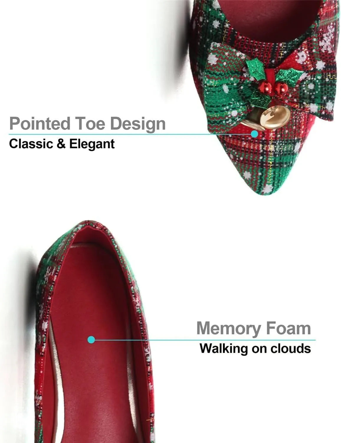 Hee grand Christmas Shoes for Women Pointed Toe Plaid Snowflake Flat Shoes Comfortable Slip on Flats Red/Green Shoes for Christmas
