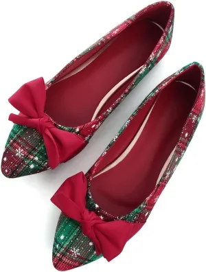 Hee grand Christmas Shoes for Women Pointed Toe Plaid Snowflake Flat Shoes Comfortable Slip on Flats Red/Green Shoes for Christmas