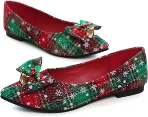 Hee grand Christmas Shoes for Women Pointed Toe Plaid Snowflake Flat Shoes Comfortable Slip on Flats Red/Green Shoes for Christmas