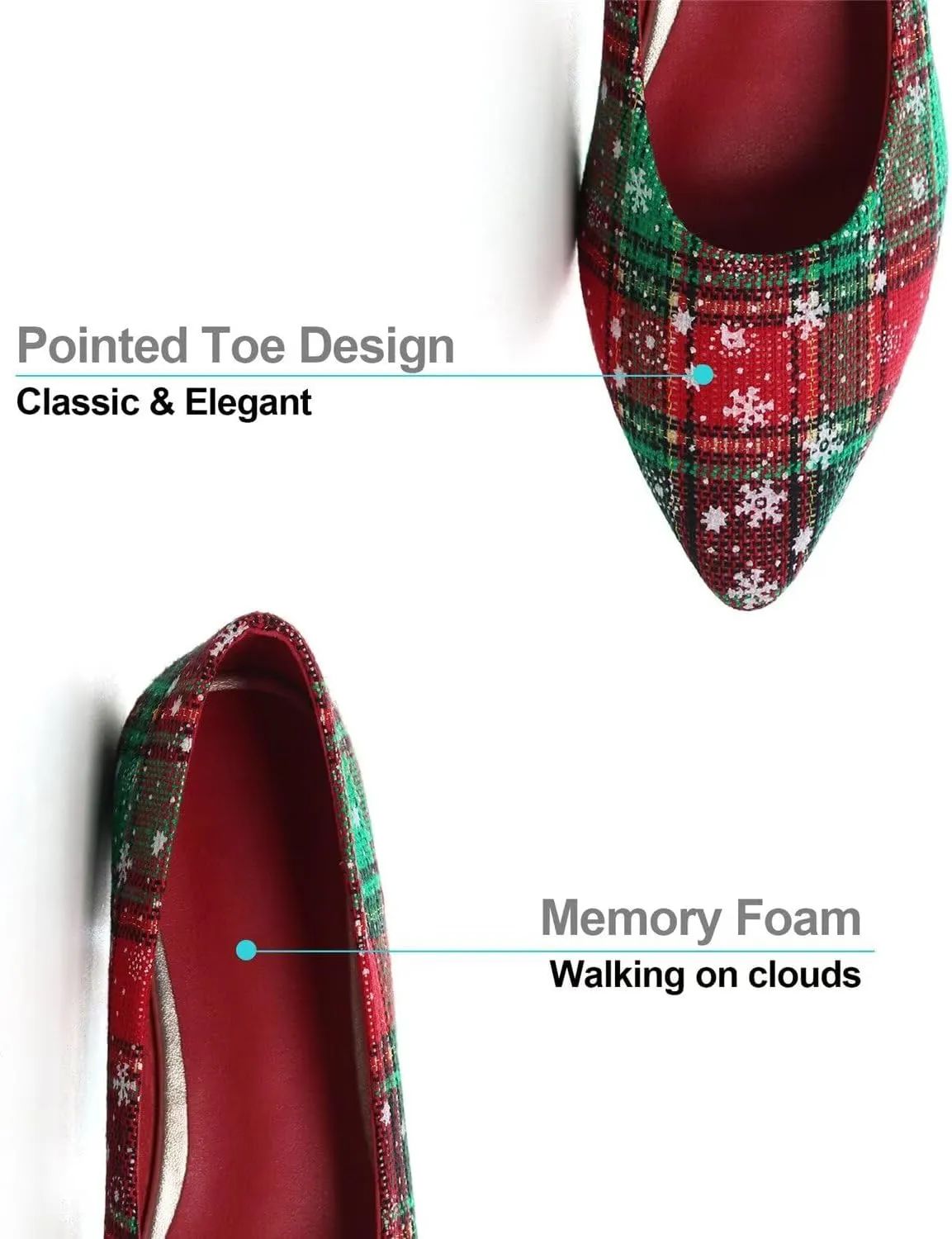 Hee grand Christmas Shoes for Women Pointed Toe Plaid Snowflake Flat Shoes Comfortable Slip on Flats Red/Green Shoes for Christmas