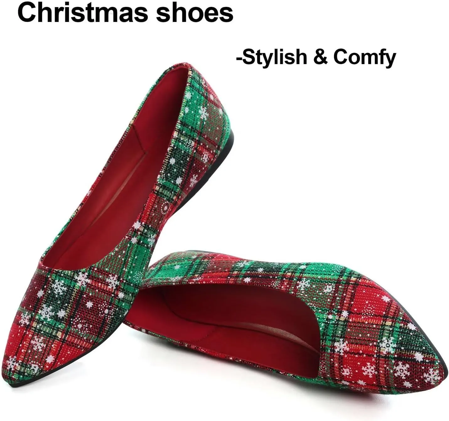 Hee grand Christmas Shoes for Women Pointed Toe Plaid Snowflake Flat Shoes Comfortable Slip on Flats Red/Green Shoes for Christmas