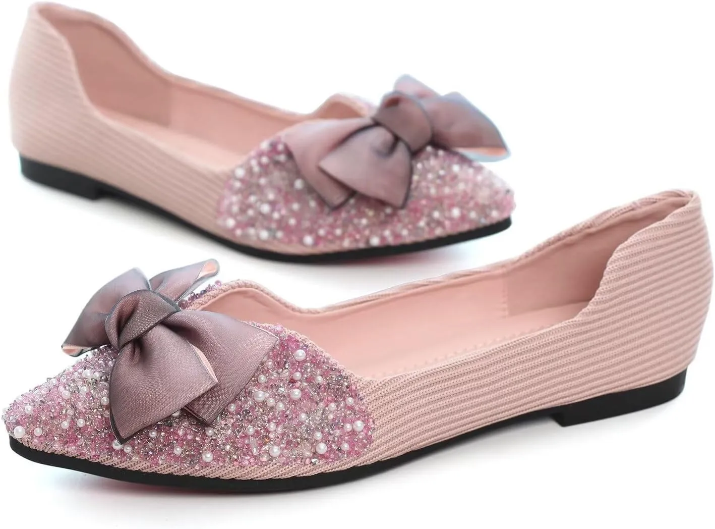Hee grand Flats for Women Bowknot Mary Jane Shoes Square Toe Ankle Strap Ballet Flats Shiny Patent Leather Dress Shoes Comfortable Work Shoes