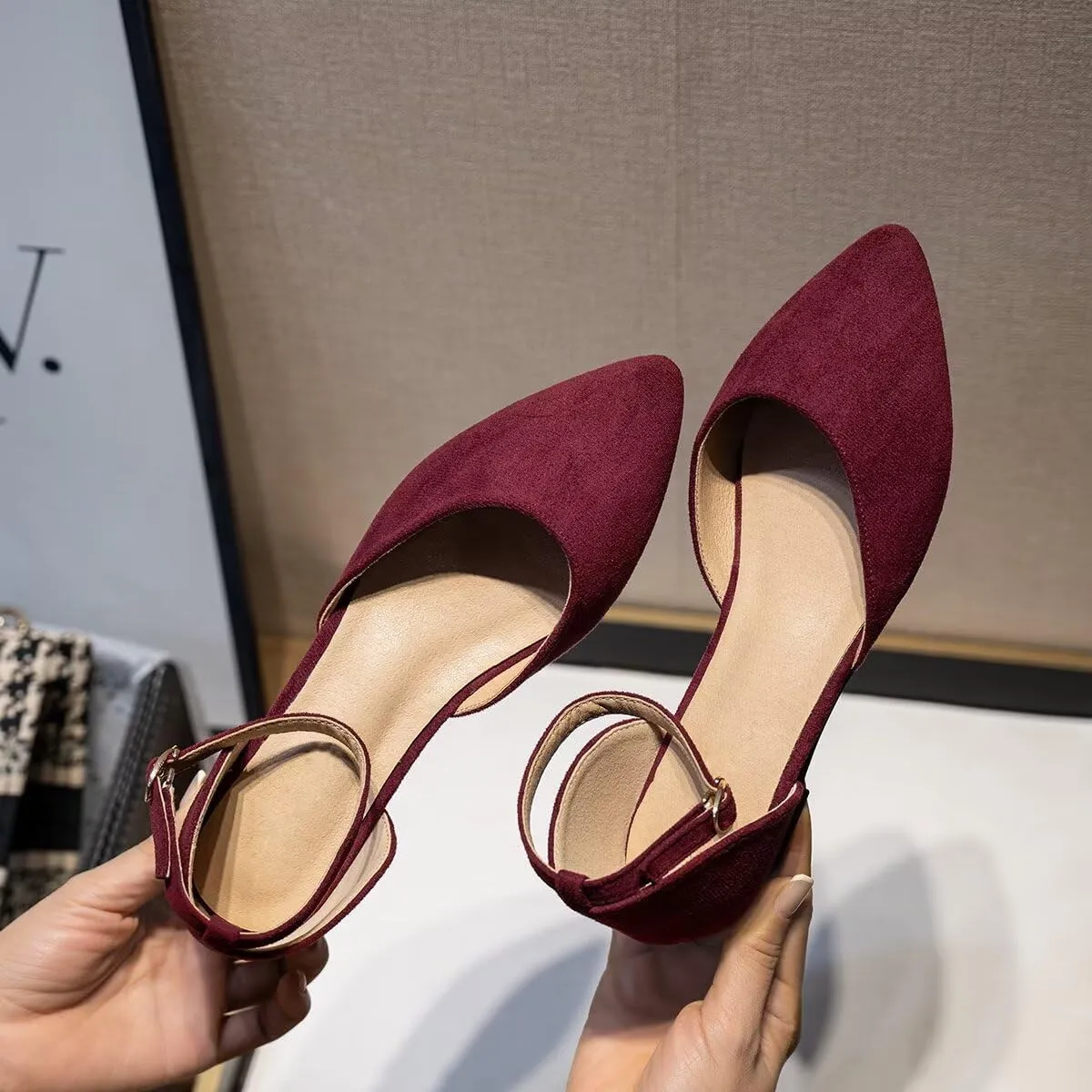 Hee grand Flats for Women Closed Pointed Toe Ankle Strap Ballet Flats Comfortable Light Weight Suede Dress Shoes Office Work Shoes