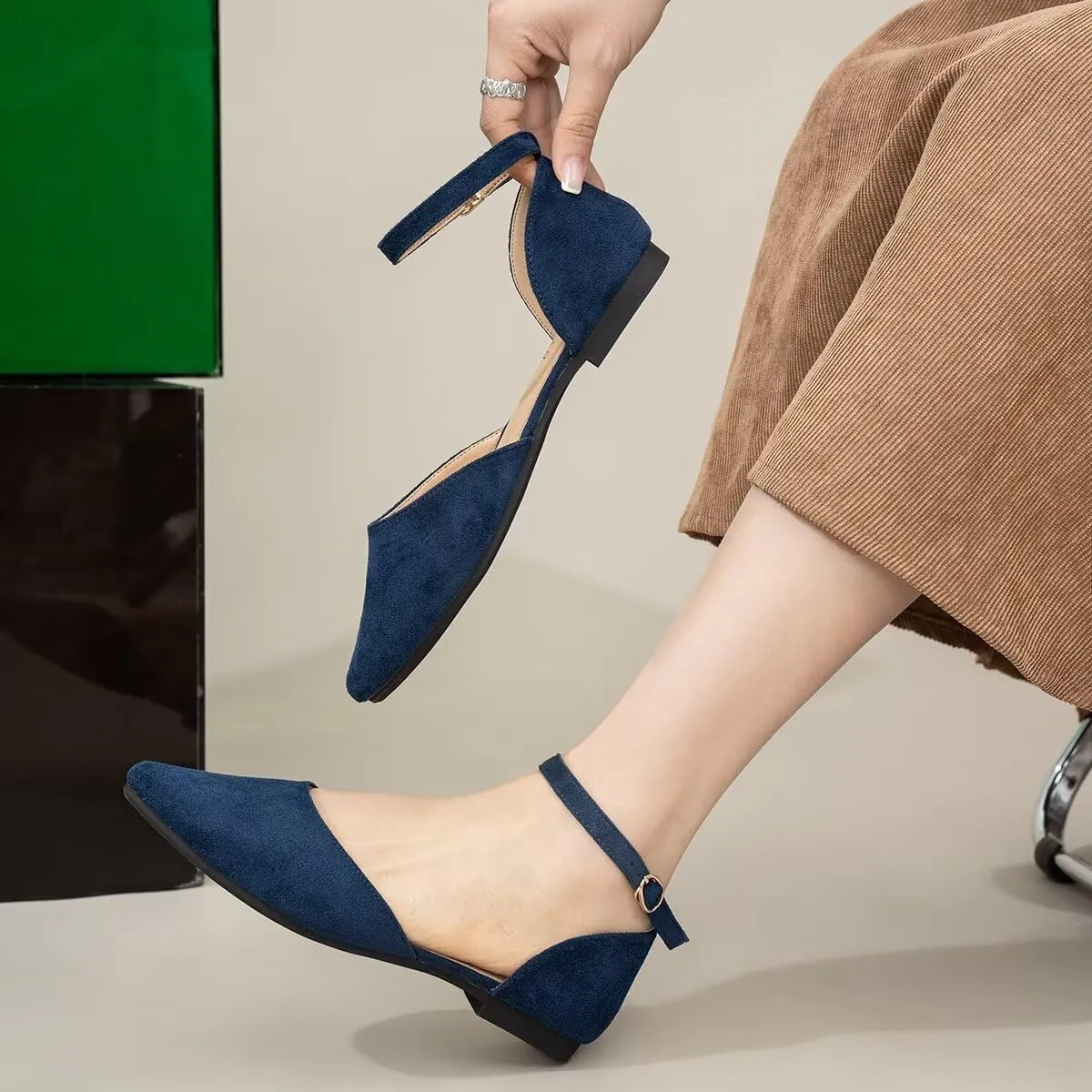 Hee grand Flats for Women Closed Pointed Toe Ankle Strap Ballet Flats Comfortable Light Weight Suede Dress Shoes Office Work Shoes