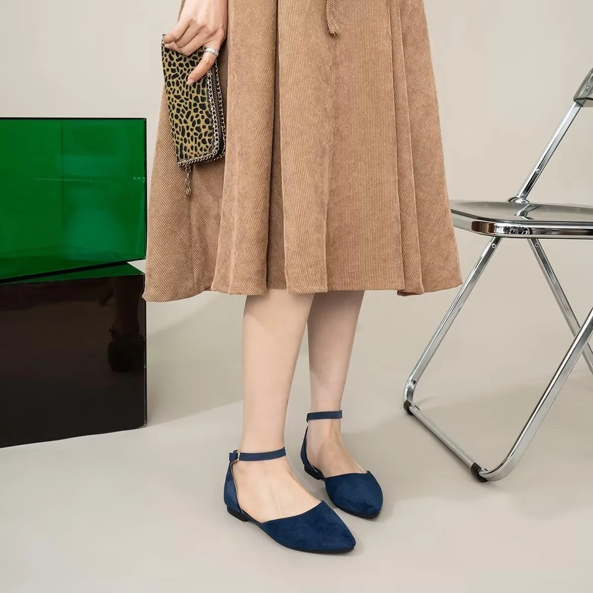 Hee grand Flats for Women Closed Pointed Toe Ankle Strap Ballet Flats Comfortable Light Weight Suede Dress Shoes Office Work Shoes
