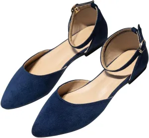 Hee grand Flats for Women Closed Pointed Toe Ankle Strap Ballet Flats Comfortable Light Weight Suede Dress Shoes Office Work Shoes