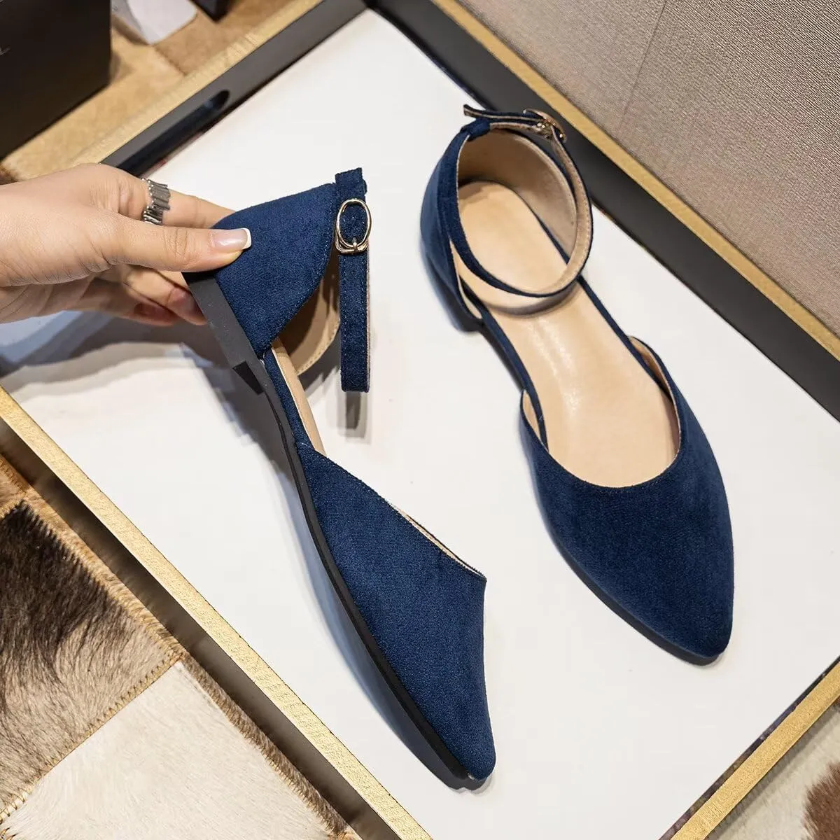Hee grand Flats for Women Closed Pointed Toe Ankle Strap Ballet Flats Comfortable Light Weight Suede Dress Shoes Office Work Shoes