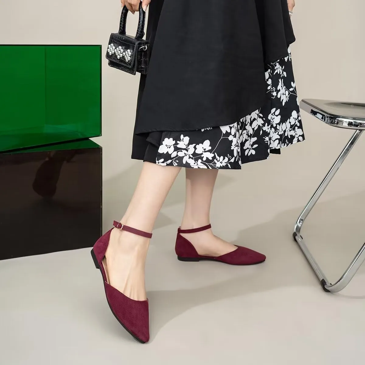 Hee grand Flats for Women Closed Pointed Toe Ankle Strap Ballet Flats Comfortable Light Weight Suede Dress Shoes Office Work Shoes