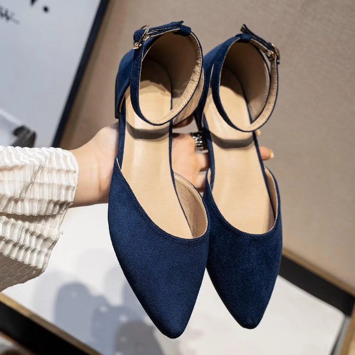 Hee grand Flats for Women Closed Pointed Toe Ankle Strap Ballet Flats Comfortable Light Weight Suede Dress Shoes Office Work Shoes