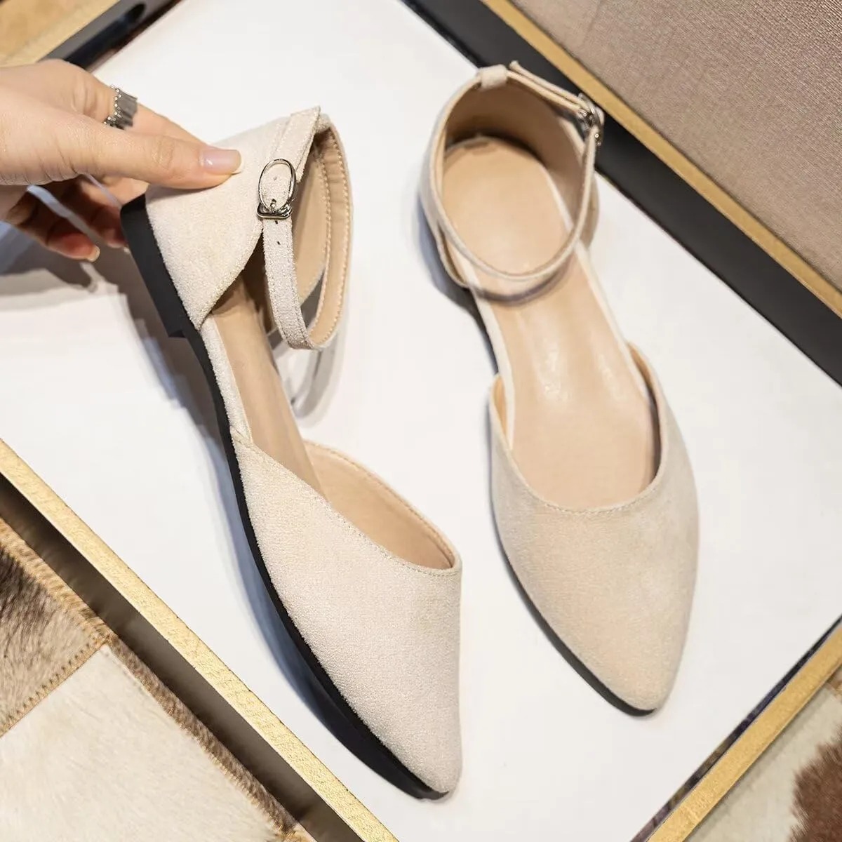 Hee grand Flats for Women Closed Pointed Toe Ankle Strap Ballet Flats Comfortable Light Weight Suede Dress Shoes Office Work Shoes