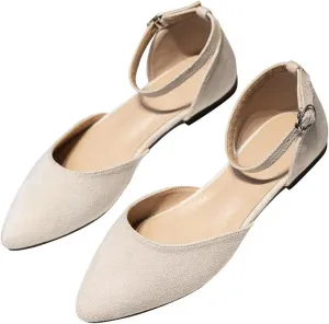 Hee grand Flats for Women Closed Pointed Toe Ankle Strap Ballet Flats Comfortable Light Weight Suede Dress Shoes Office Work Shoes