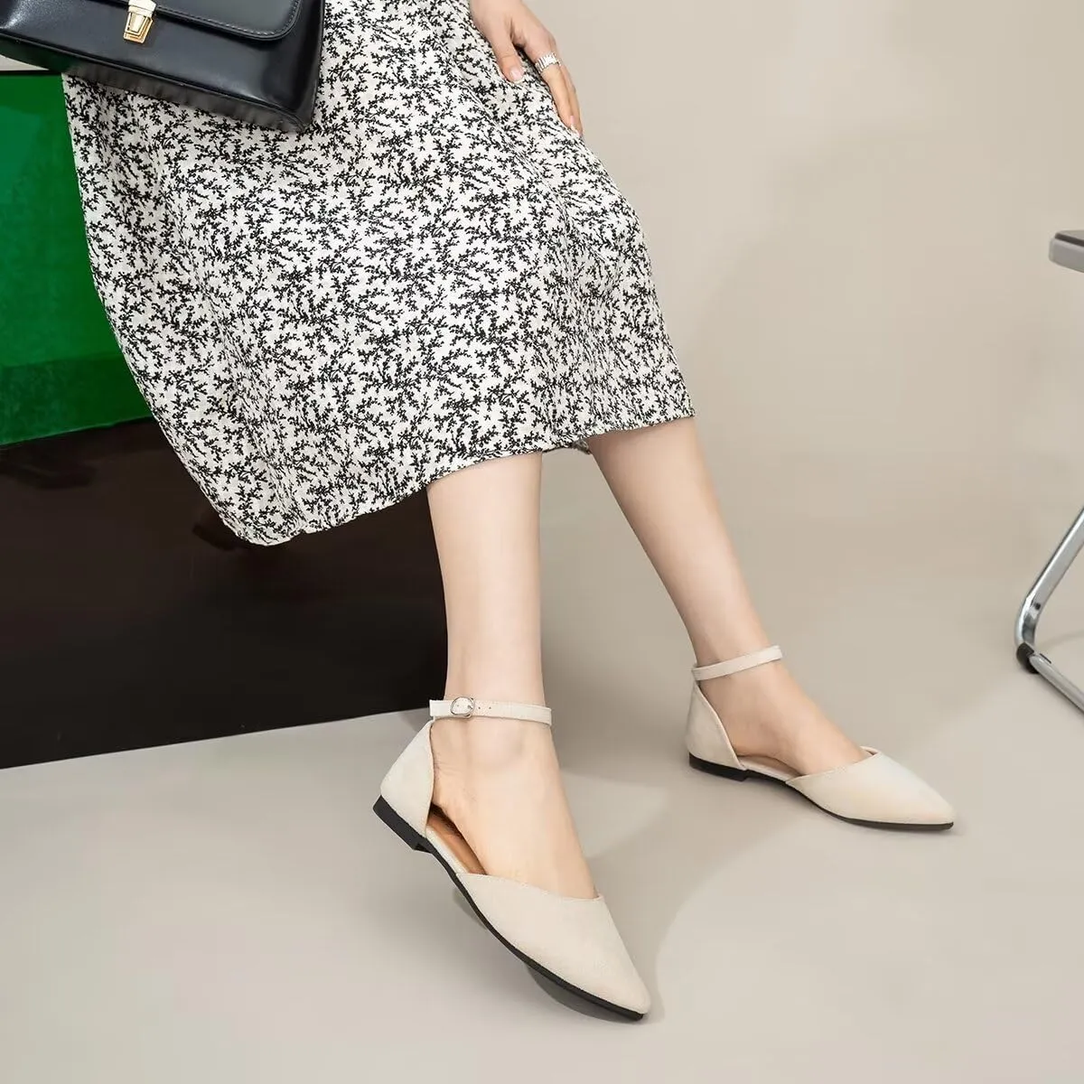 Hee grand Flats for Women Closed Pointed Toe Ankle Strap Ballet Flats Comfortable Light Weight Suede Dress Shoes Office Work Shoes