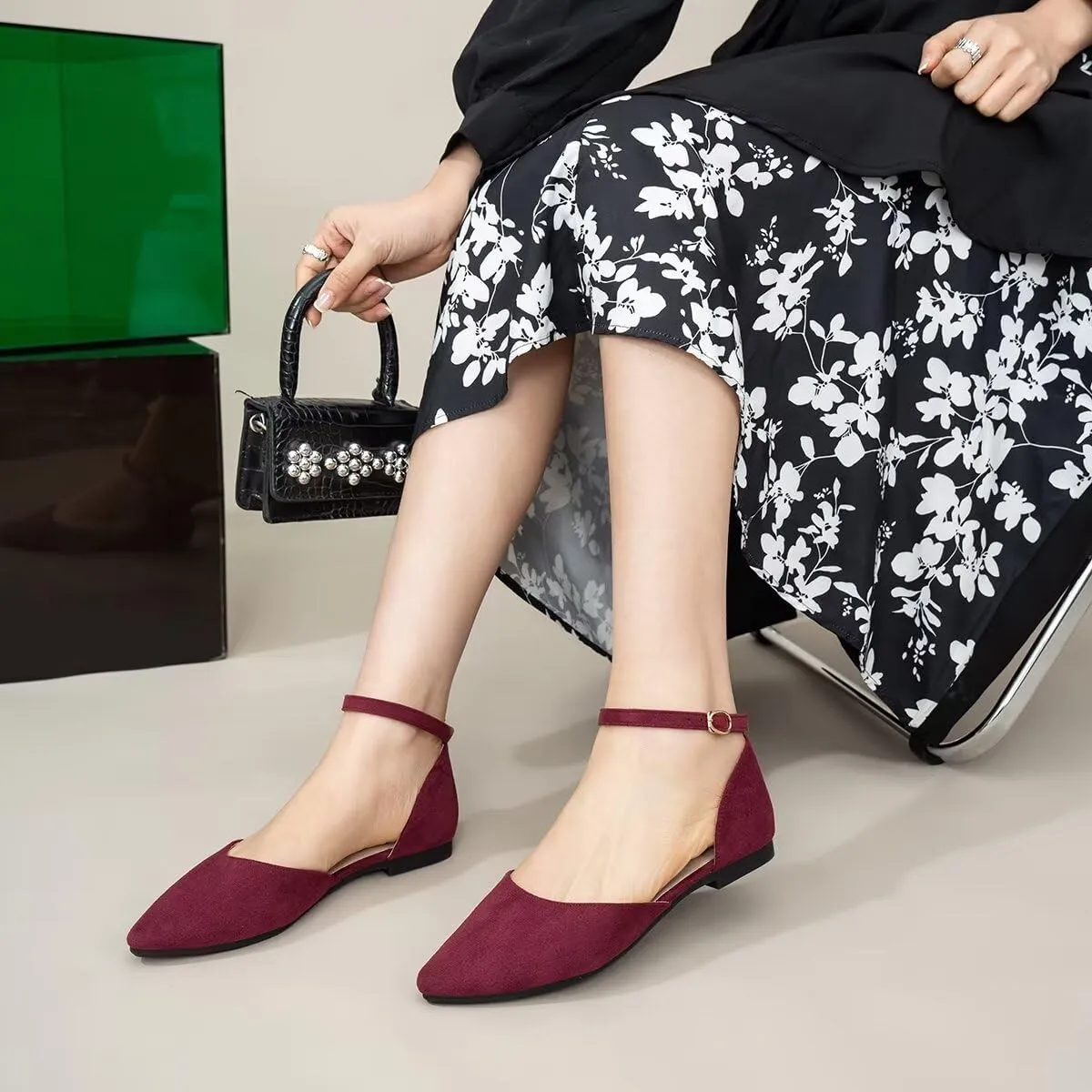 Hee grand Flats for Women Closed Pointed Toe Ankle Strap Ballet Flats Comfortable Light Weight Suede Dress Shoes Office Work Shoes