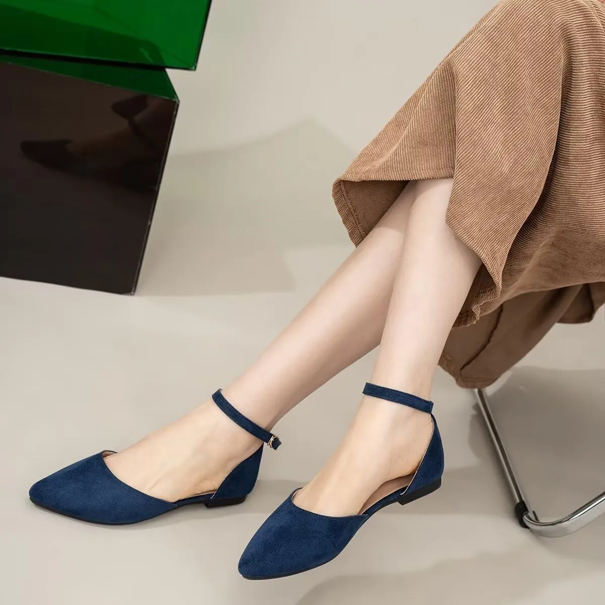 Hee grand Flats for Women Closed Pointed Toe Ankle Strap Ballet Flats Comfortable Light Weight Suede Dress Shoes Office Work Shoes