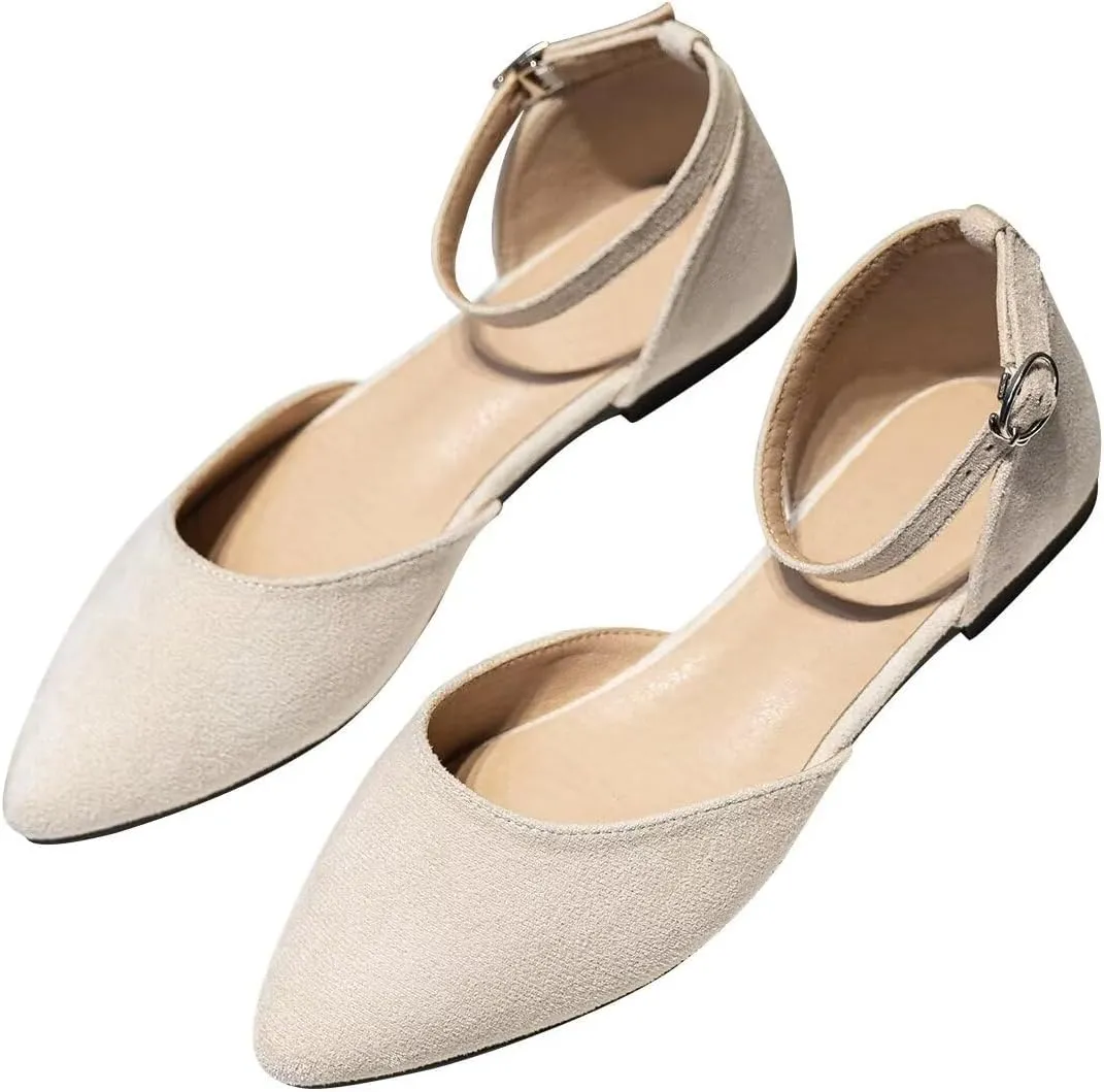 Hee grand Flats for Women Closed Pointed Toe Ankle Strap Ballet Flats Comfortable Light Weight Suede Dress Shoes Office Work Shoes