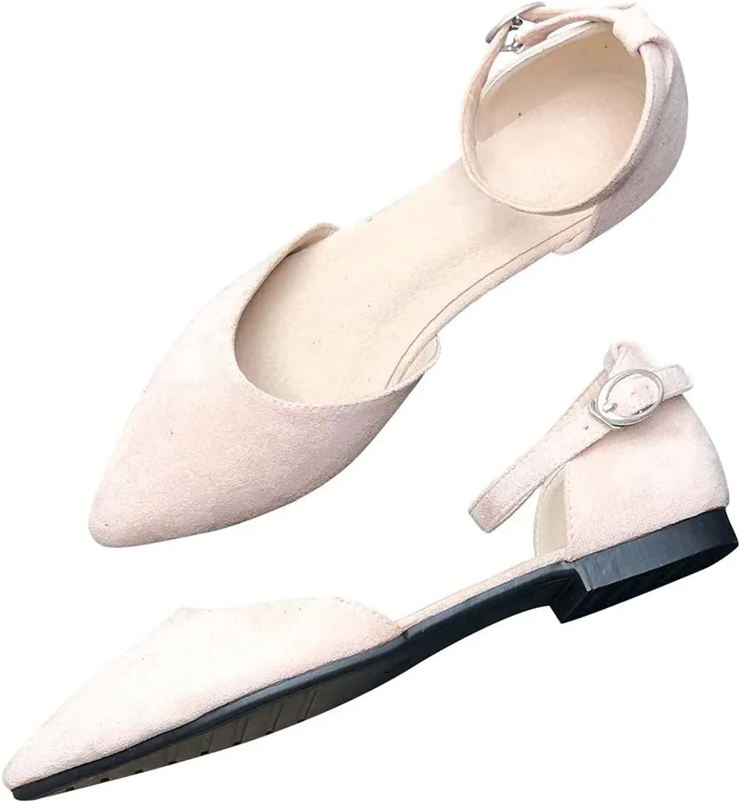 Hee grand Flats for Women Closed Pointed Toe Flats Adjustable Ankle Strap Ballet Shoes Suede Dress Shoes Sandals