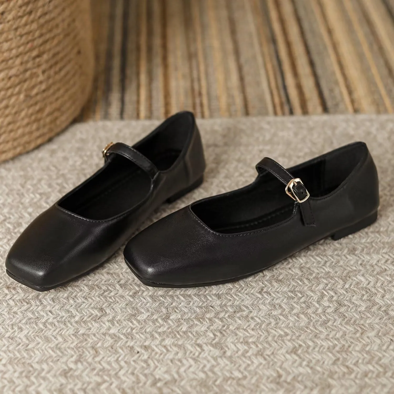 Hee grand Leather Mary Jane Shoes for Women Dressy Square Toe Ballet Flats with Strap Comfortable Walking Shoes Soft Leather Dress Shoes