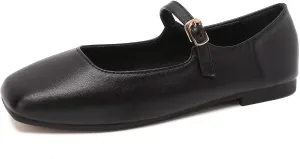 Hee grand Leather Mary Jane Shoes for Women Dressy Square Toe Ballet Flats with Strap Comfortable Walking Shoes Soft Leather Dress Shoes