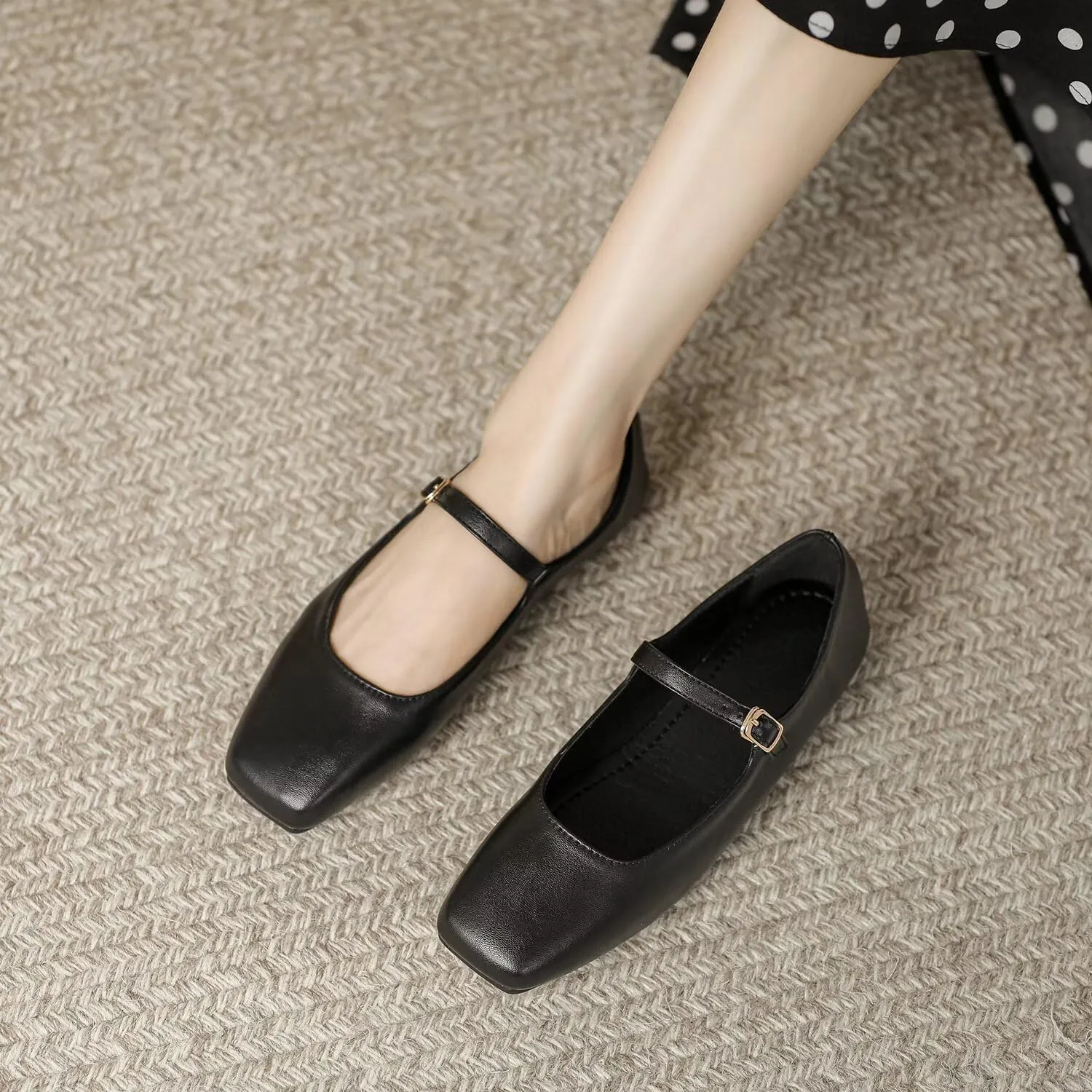 Hee grand Leather Mary Jane Shoes for Women Dressy Square Toe Ballet Flats with Strap Comfortable Walking Shoes Soft Leather Dress Shoes