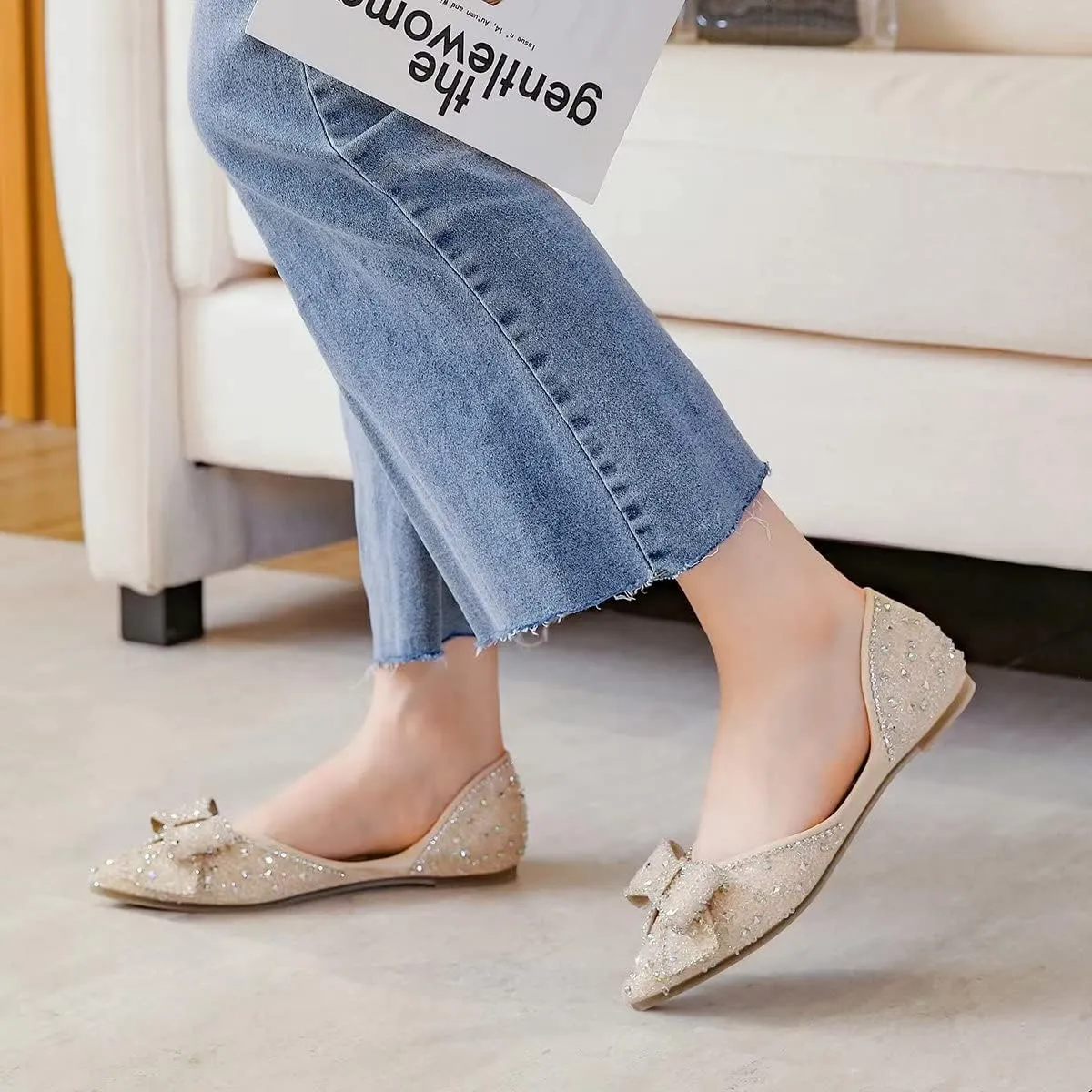 Hee grand Sparkling Crystal Bowknot Ballet Flats for Women Pointed Toe Rhinestone Fashion Wedding Dress Shoes Comfort Slip on Work Shoes