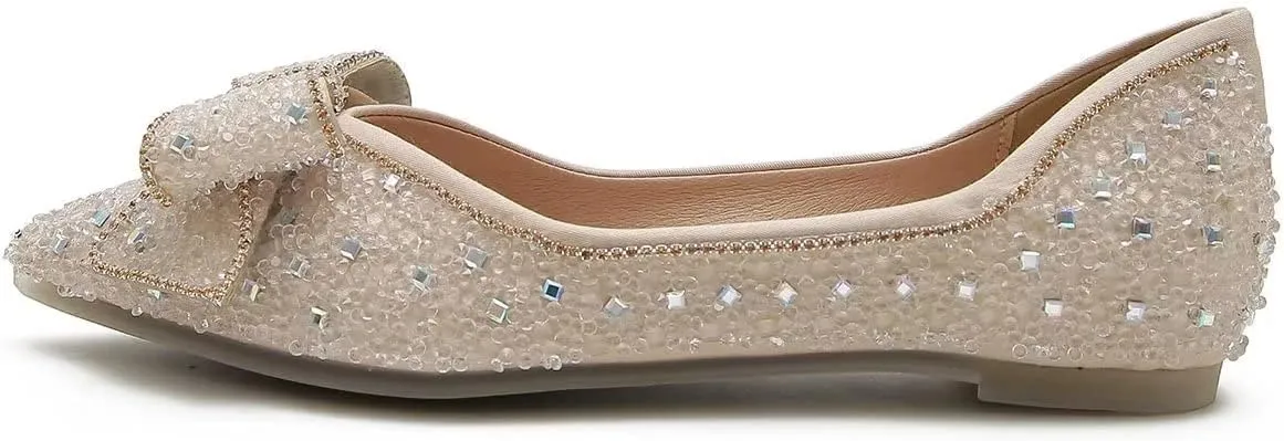 Hee grand Sparkling Crystal Bowknot Ballet Flats for Women Pointed Toe Rhinestone Fashion Wedding Dress Shoes Comfort Slip on Work Shoes