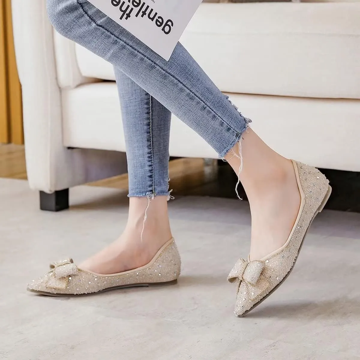 Hee grand Sparkling Crystal Bowknot Ballet Flats for Women Pointed Toe Rhinestone Fashion Wedding Dress Shoes Comfort Slip on Work Shoes