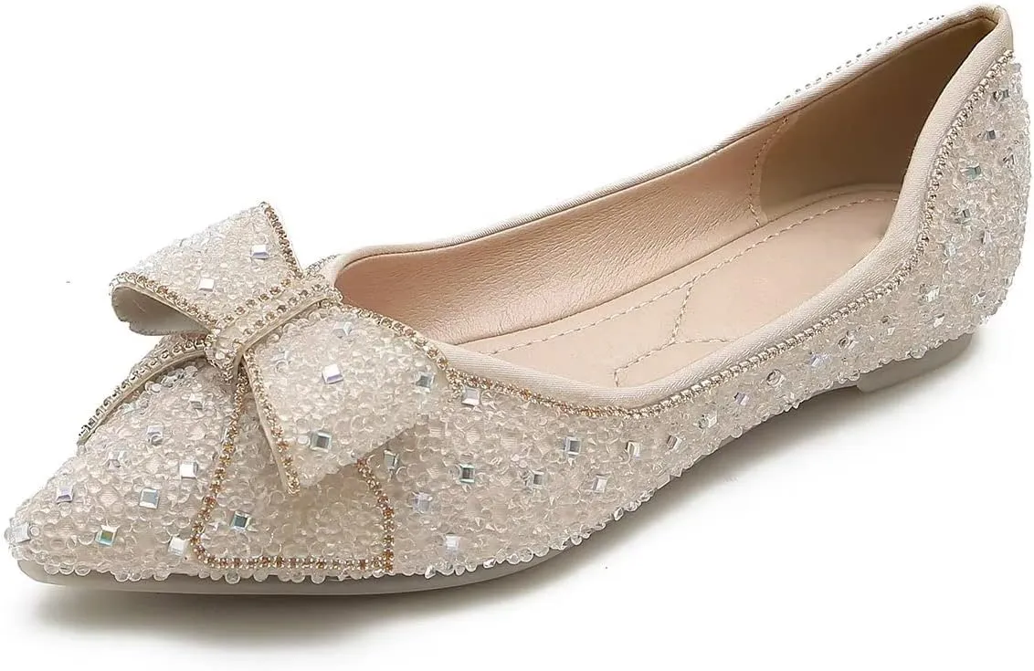 Hee grand Sparkling Crystal Bowknot Ballet Flats for Women Pointed Toe Rhinestone Fashion Wedding Dress Shoes Comfort Slip on Work Shoes