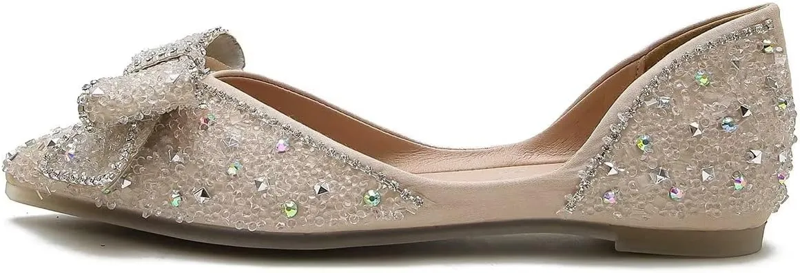 Hee grand Sparkling Crystal Bowknot Ballet Flats for Women Pointed Toe Rhinestone Fashion Wedding Dress Shoes Comfort Slip on Work Shoes