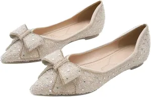 Hee grand Sparkling Crystal Bowknot Ballet Flats for Women Pointed Toe Rhinestone Fashion Wedding Dress Shoes Comfort Slip on Work Shoes