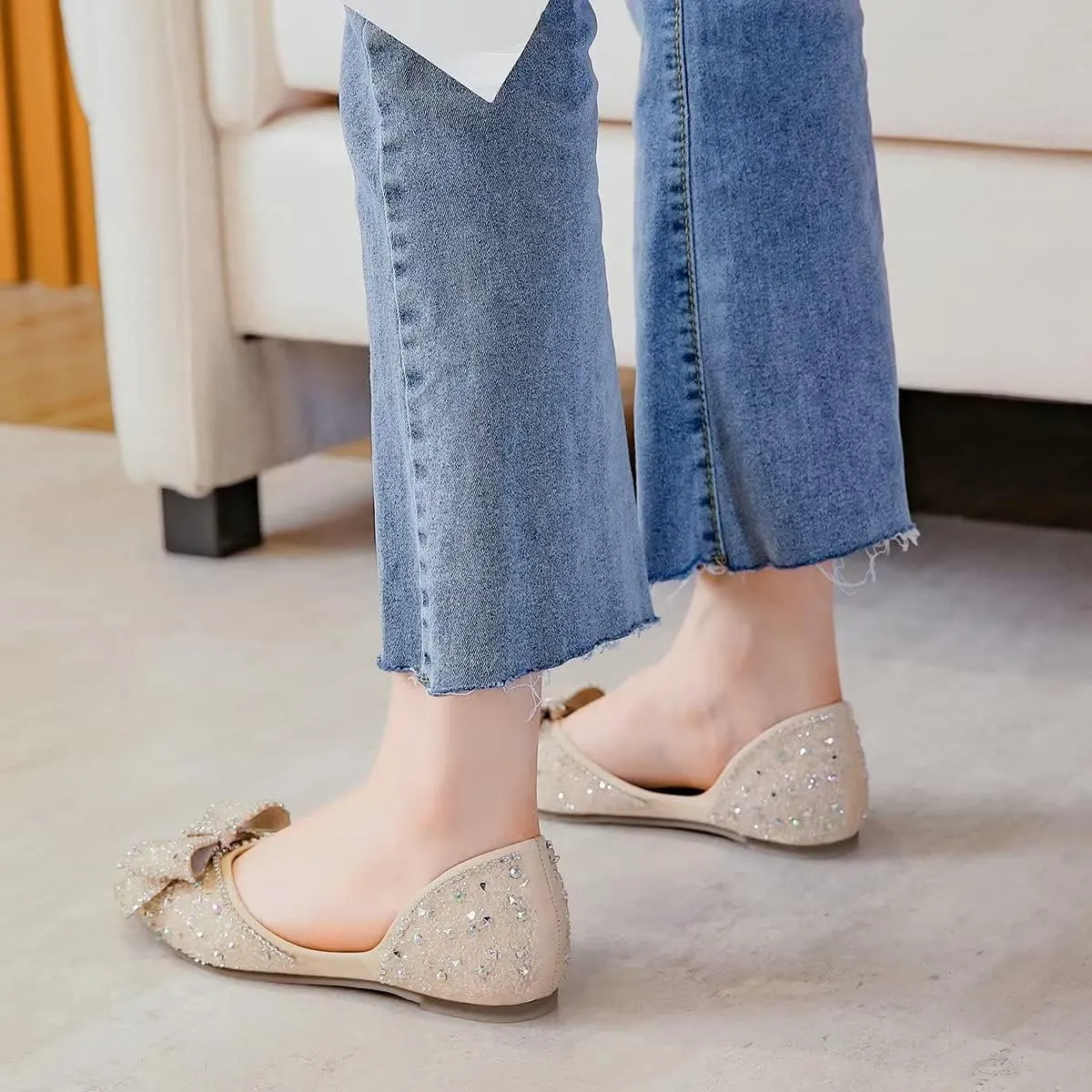 Hee grand Sparkling Crystal Bowknot Ballet Flats for Women Pointed Toe Rhinestone Fashion Wedding Dress Shoes Comfort Slip on Work Shoes