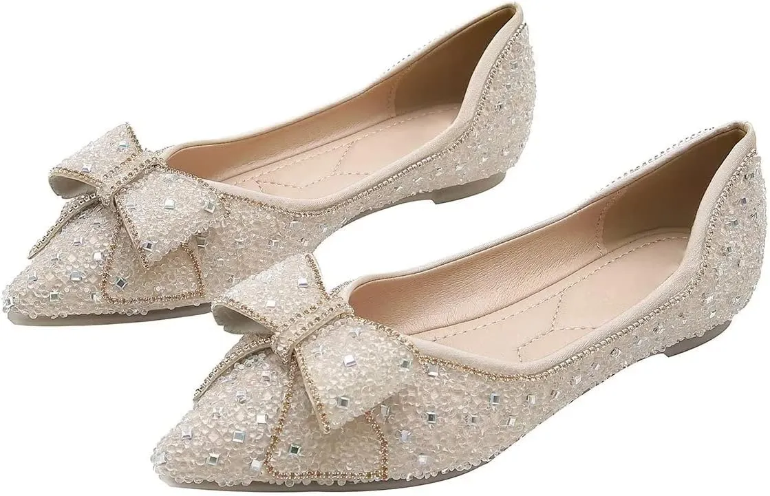 Hee grand Sparkling Crystal Bowknot Ballet Flats for Women Pointed Toe Rhinestone Fashion Wedding Dress Shoes Comfort Slip on Work Shoes