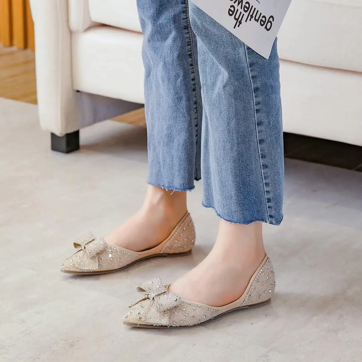 Hee grand Sparkling Crystal Bowknot Ballet Flats for Women Pointed Toe Rhinestone Fashion Wedding Dress Shoes Comfort Slip on Work Shoes