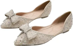Hee grand Sparkling Crystal Bowknot Ballet Flats for Women Pointed Toe Rhinestone Fashion Wedding Dress Shoes Comfort Slip on Work Shoes