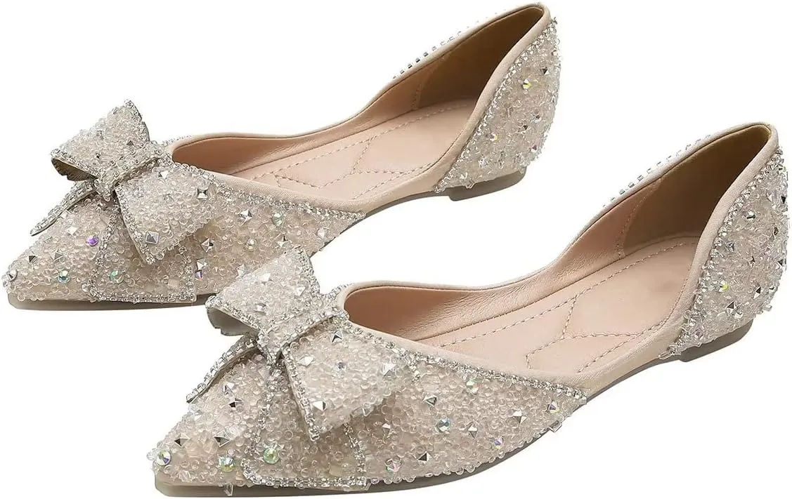 Hee grand Sparkling Crystal Bowknot Ballet Flats for Women Pointed Toe Rhinestone Fashion Wedding Dress Shoes Comfort Slip on Work Shoes