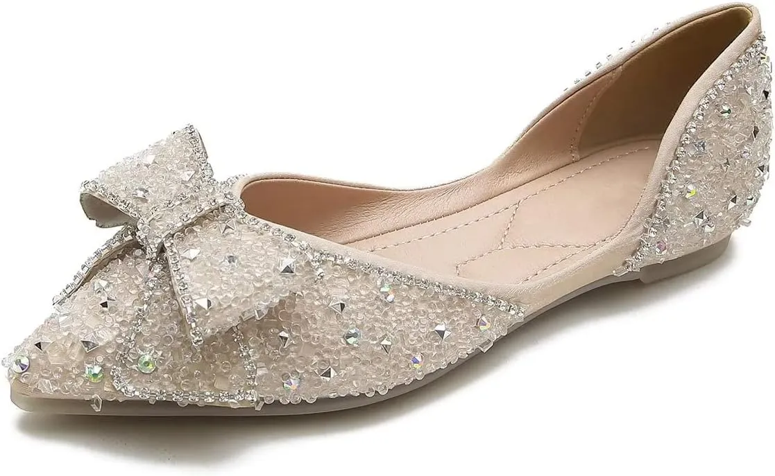 Hee grand Sparkling Crystal Bowknot Ballet Flats for Women Pointed Toe Rhinestone Fashion Wedding Dress Shoes Comfort Slip on Work Shoes