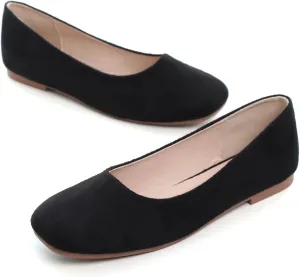 Hee grand Square Toe Ballet Flats for Women Rhinestones Chains Black Suede Dress Shoes Comfort Slip-On Loafers