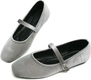 Hee grand Velvet Mary Jane Flats for Women Dressy Comfortable Square Toe Ballet Flats with Buckle Strap Retro Mary Jane Shoes