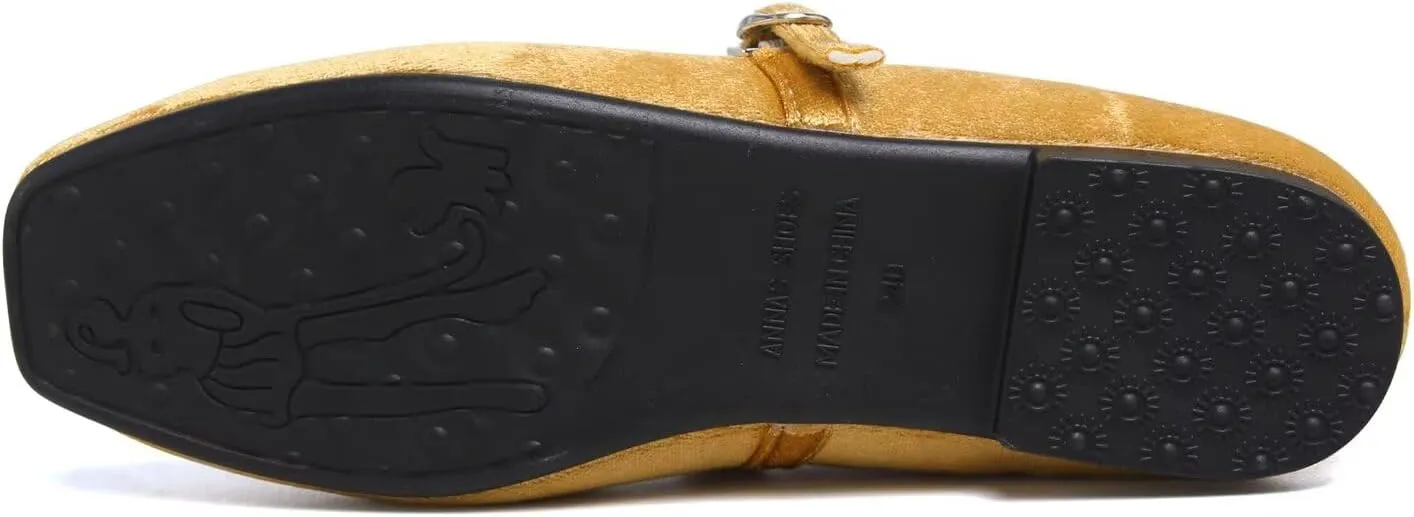 Hee grand Velvet Mary Jane Flats for Women Dressy Comfortable Square Toe Ballet Flats with Buckle Strap Retro Mary Jane Shoes