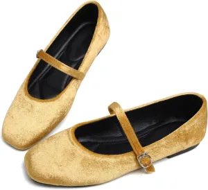 Hee grand Velvet Mary Jane Flats for Women Dressy Comfortable Square Toe Ballet Flats with Buckle Strap Retro Mary Jane Shoes