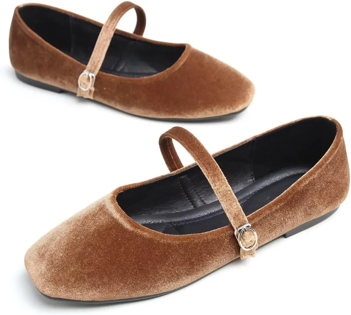 Hee grand Velvet Mary Jane Flats for Women Dressy Comfortable Square Toe Ballet Flats with Buckle Strap Retro Mary Jane Shoes