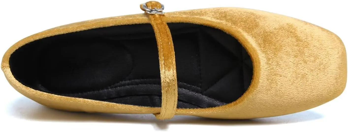 Hee grand Velvet Mary Jane Flats for Women Dressy Comfortable Square Toe Ballet Flats with Buckle Strap Retro Mary Jane Shoes