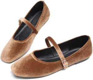 Hee grand Velvet Mary Jane Flats for Women Dressy Comfortable Square Toe Ballet Flats with Buckle Strap Retro Mary Jane Shoes