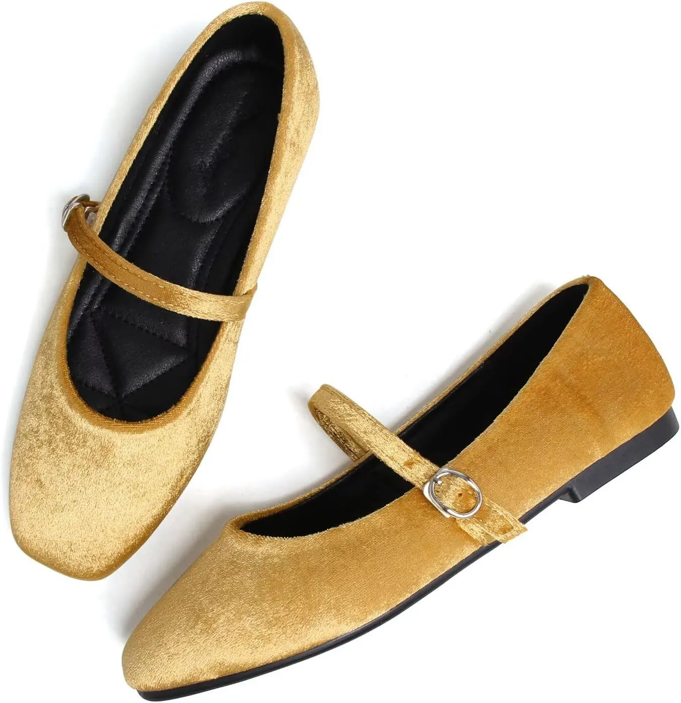 Hee grand Velvet Mary Jane Flats for Women Dressy Comfortable Square Toe Ballet Flats with Buckle Strap Retro Mary Jane Shoes